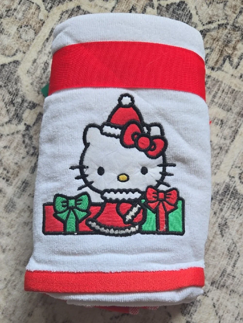 Hello Kitty White Hand Towels with Red & Green Holiday Accents